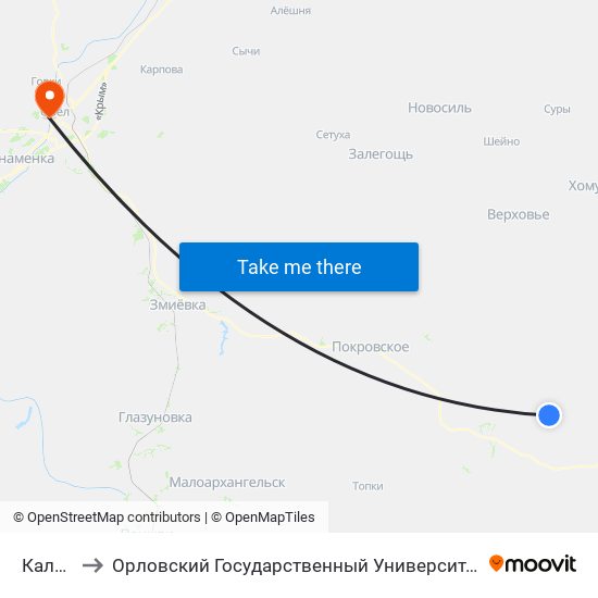 Калчанка to Орловский Государственный Университет. Медицинский Институт map