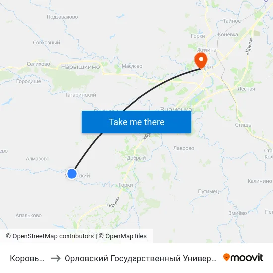 Коровье Болото to Орловский Государственный Университет. Медицинский Институт map