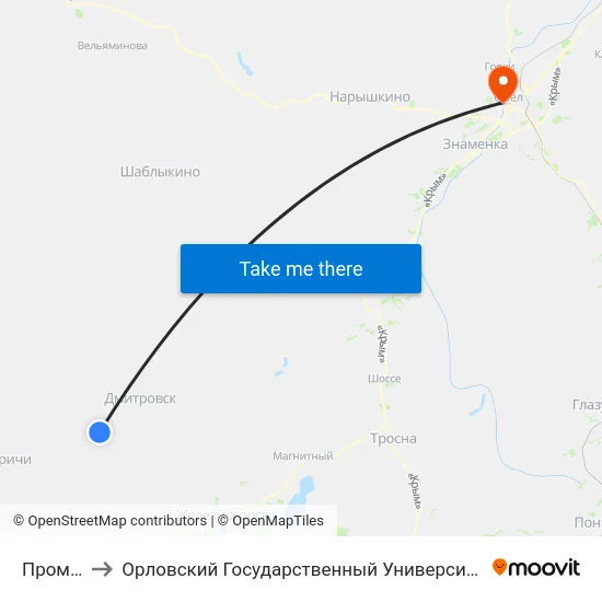 Промклево to Орловский Государственный Университет. Медицинский Институт map