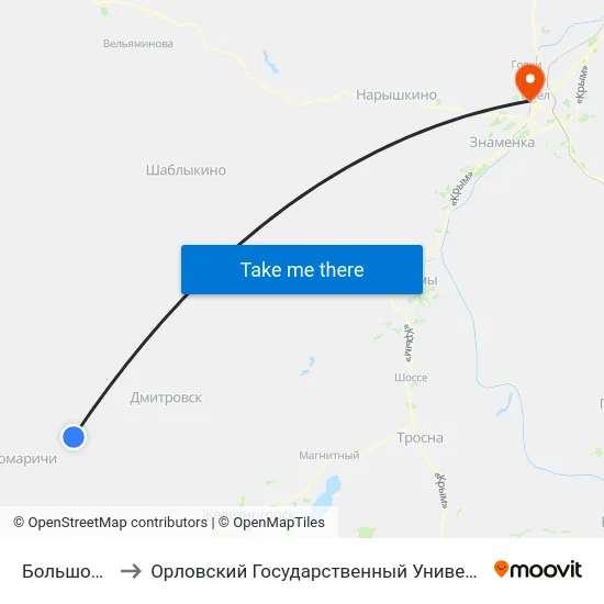 Большое Кричино to Орловский Государственный Университет. Медицинский Институт map