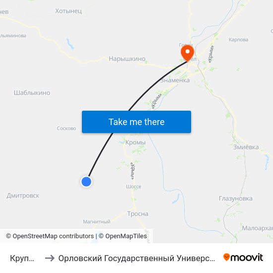 Крупышкино to Орловский Государственный Университет. Медицинский Институт map