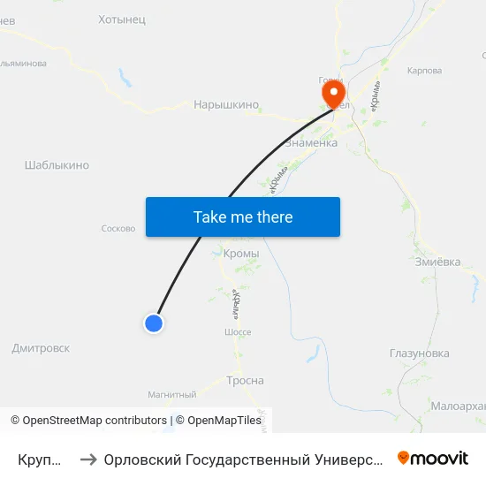 Крупышкино to Орловский Государственный Университет. Медицинский Институт map