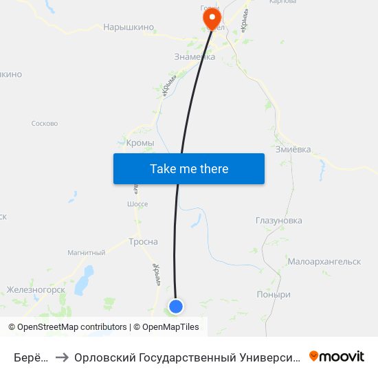 Берёзовка to Орловский Государственный Университет. Медицинский Институт map