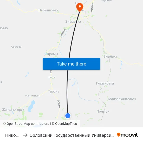 Никольское to Орловский Государственный Университет. Медицинский Институт map