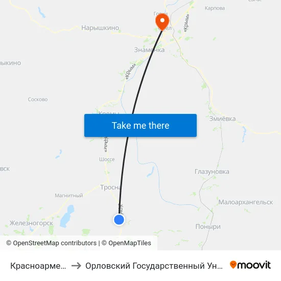 Красноармейский Посёлок to Орловский Государственный Университет. Медицинский Институт map