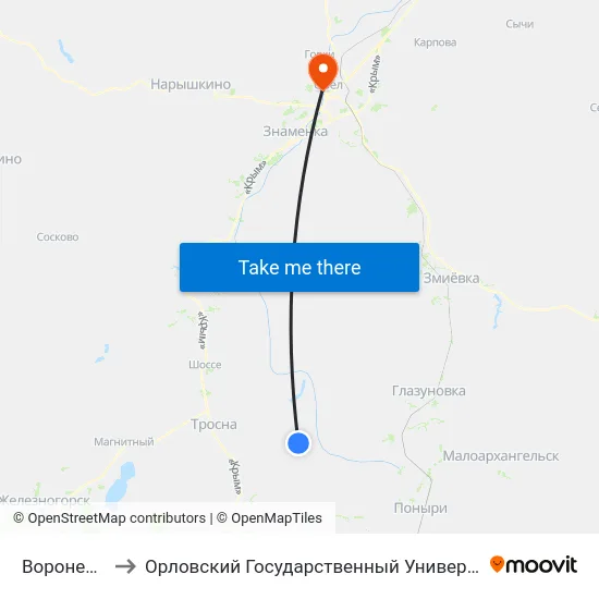 Воронец, Начало to Орловский Государственный Университет. Медицинский Институт map