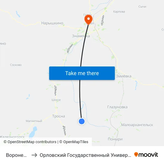 Воронец, Начало to Орловский Государственный Университет. Медицинский Институт map