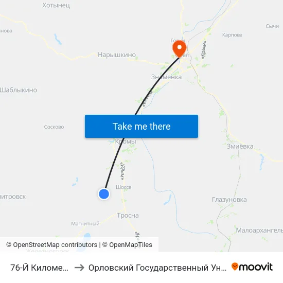 76-Й Километр (Красниково) to Орловский Государственный Университет. Медицинский Институт map