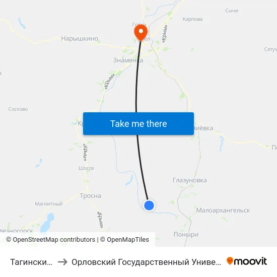 Тагинский Посёлок to Орловский Государственный Университет. Медицинский Институт map