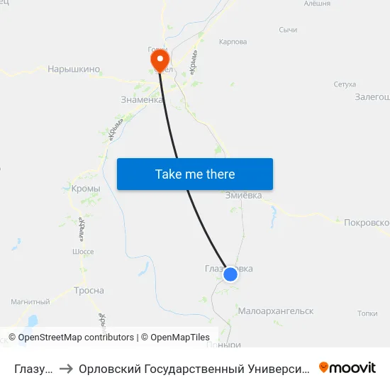 Глазуновка to Орловский Государственный Университет. Медицинский Институт map