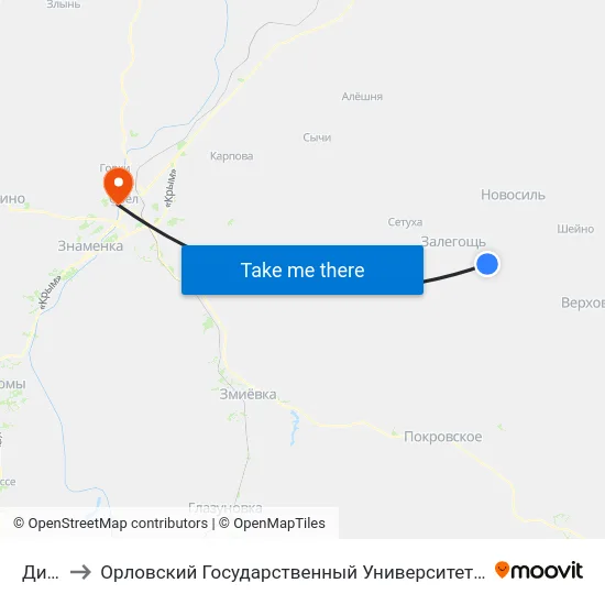 Дишня to Орловский Государственный Университет. Медицинский Институт map