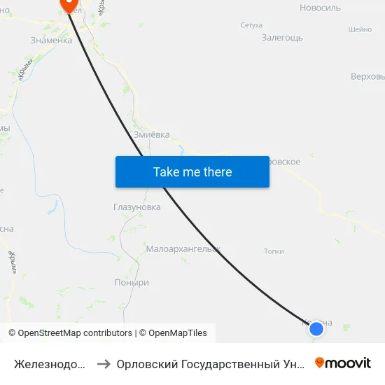 Железнодорожный Вокзал to Орловский Государственный Университет. Медицинский Институт map
