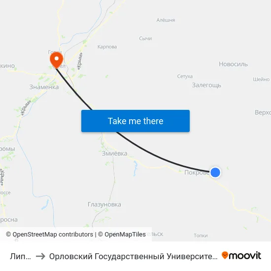 Липовец to Орловский Государственный Университет. Медицинский Институт map