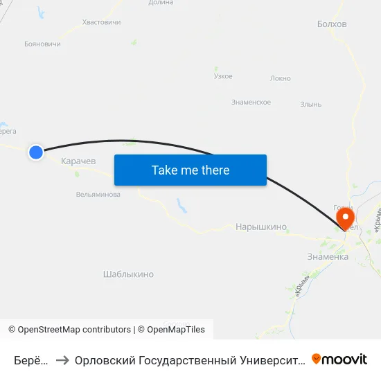 Берёзовка to Орловский Государственный Университет. Медицинский Институт map