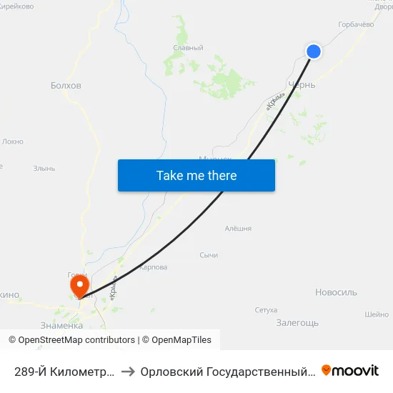 289-Й Километр (Свободный Посёлок) to Орловский Государственный Университет. Медицинский Институт map