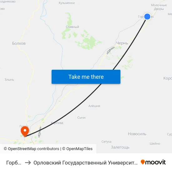 Горбачёво to Орловский Государственный Университет. Медицинский Институт map