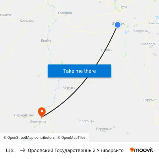 Щёкино to Орловский Государственный Университет. Медицинский Институт map