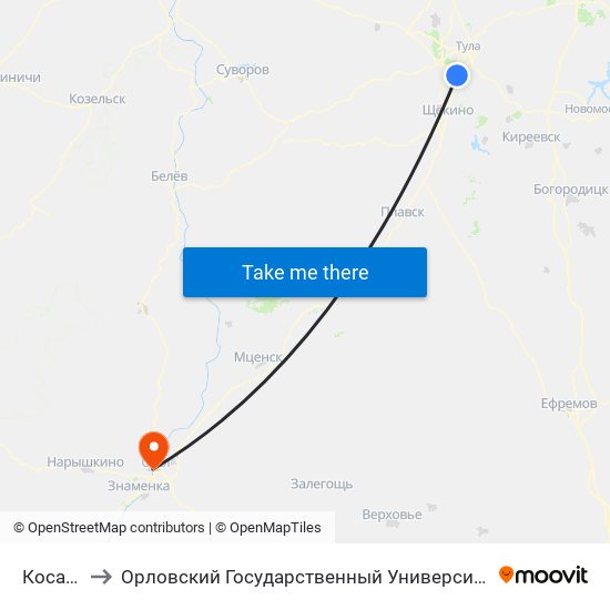 Косая Гора to Орловский Государственный Университет. Медицинский Институт map