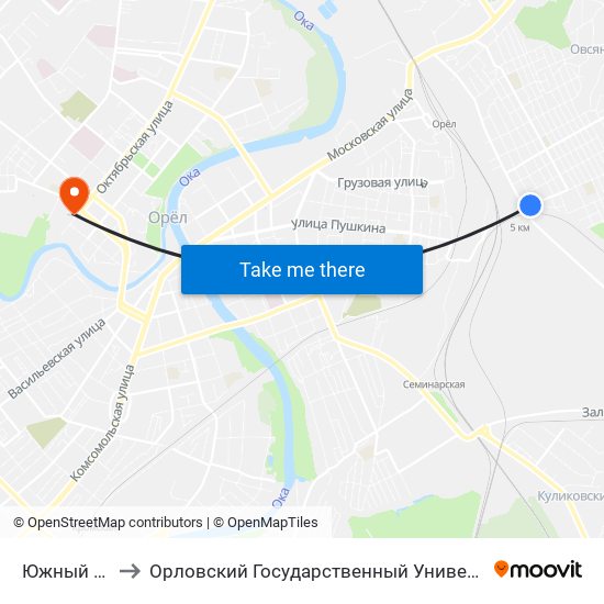 Южный Переулок to Орловский Государственный Университет. Медицинский Институт map