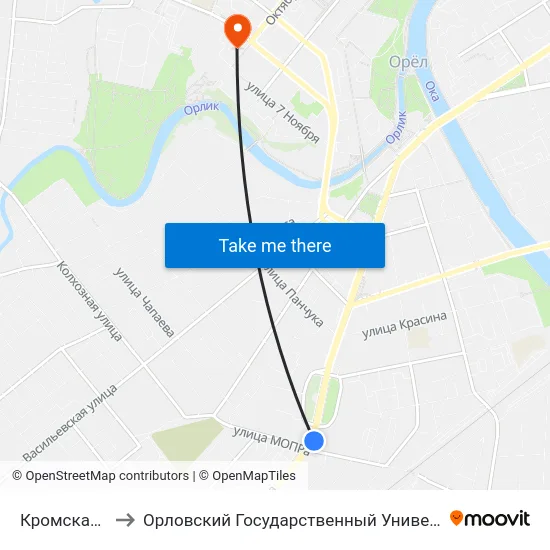 Кромская Площадь to Орловский Государственный Университет. Медицинский Институт map