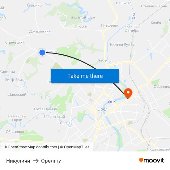 Никуличи to Орелгту map