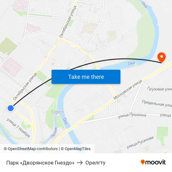 Парк «Дворянское Гнездо» to Орелгту map