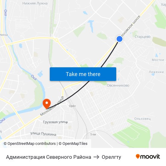 Администрация Северного Района to Орелгту map