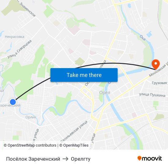 Посёлок Зареченский to Орелгту map