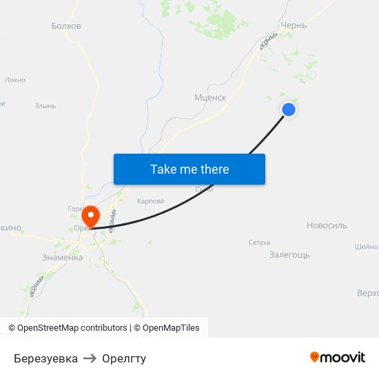 Березуевка to Орелгту map