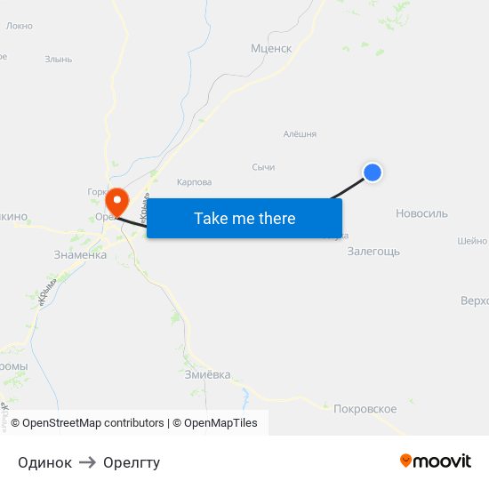 Одинок to Орелгту map