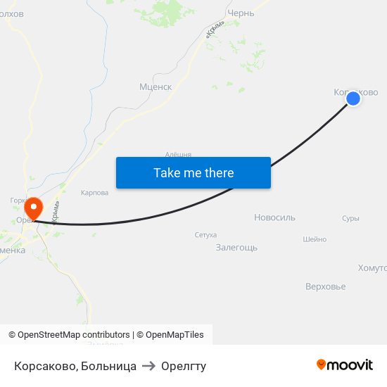 Корсаково, Больница to Орелгту map