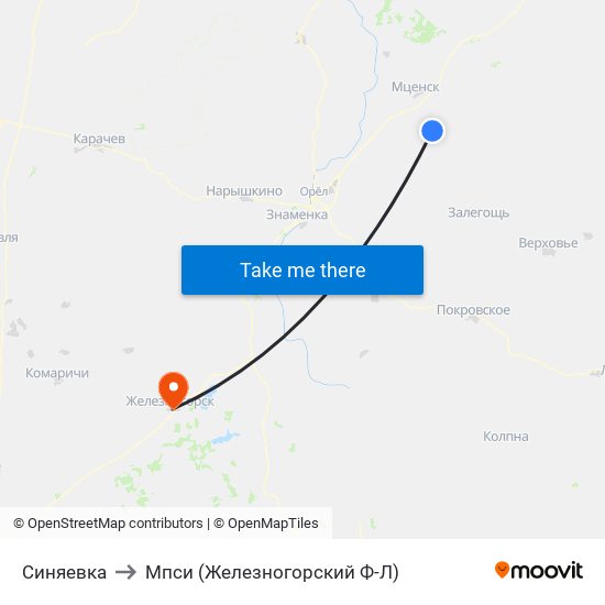 Синяевка to Мпси (Железногорский Ф-Л) map