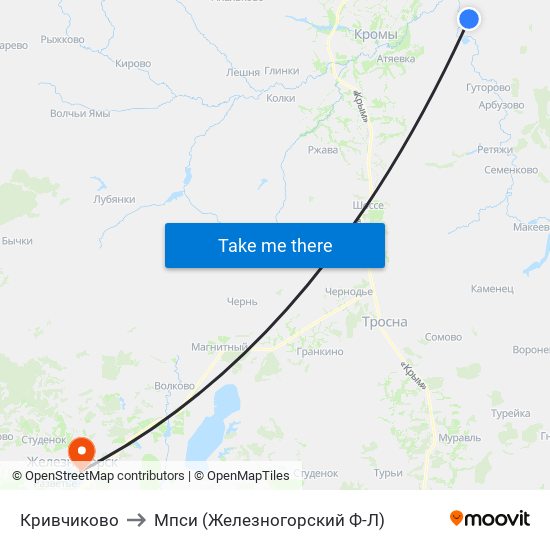 Кривчиково to Мпси (Железногорский Ф-Л) map