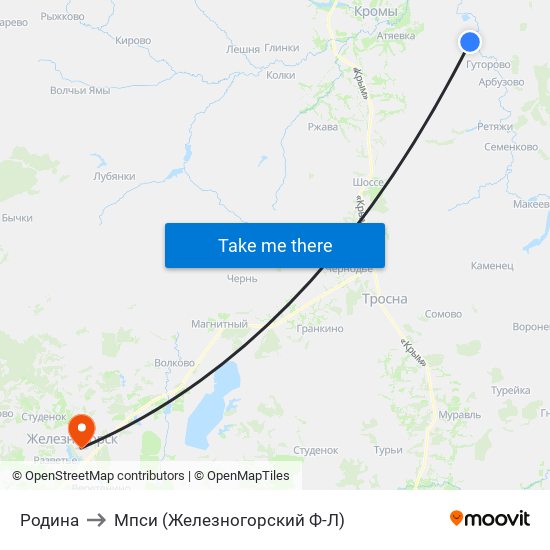 Родина to Мпси (Железногорский Ф-Л) map