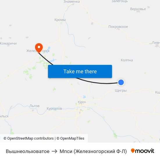 Вышнеольховатое to Мпси (Железногорский Ф-Л) map