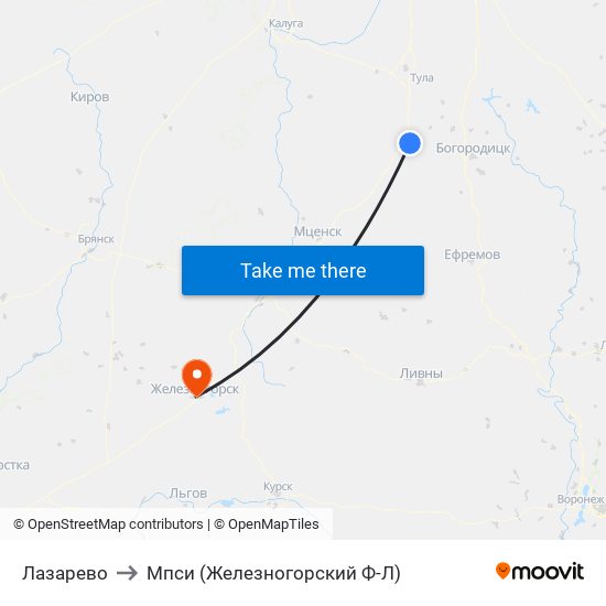 Лазарево to Мпси (Железногорский Ф-Л) map