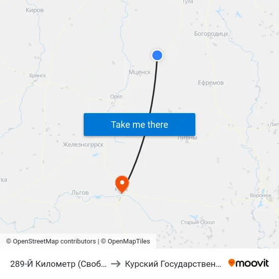 289-Й Километр (Свободный Посёлок) to Курский Государственный Университет map