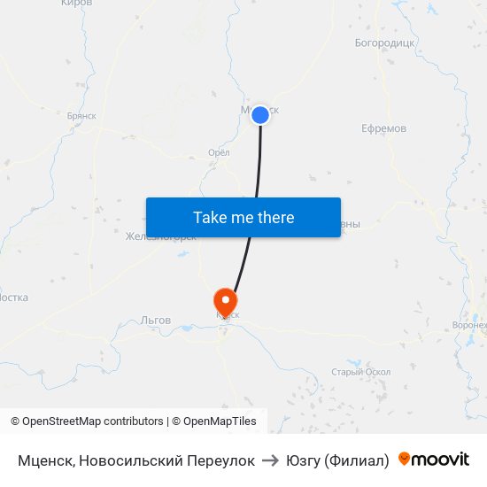 Мценск, Новосильский Переулок to Юзгу (Филиал) map