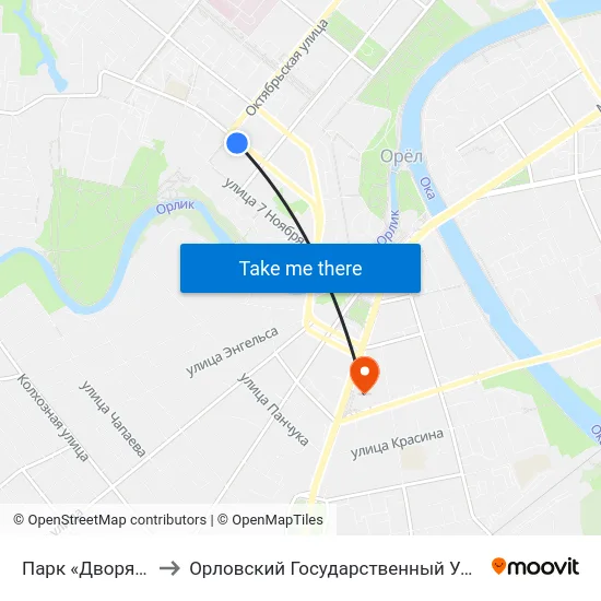 Парк «Дворянское Гнездо» to Орловский Государственный Университет (Польский Корпус) map