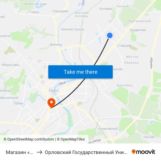 Магазин «Звёздный» to Орловский Государственный Университет (Польский Корпус) map
