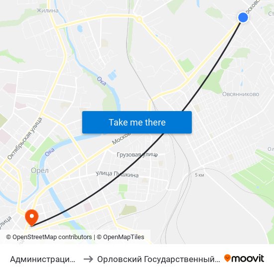 Администрация Северного Района to Орловский Государственный Университет (Польский Корпус) map