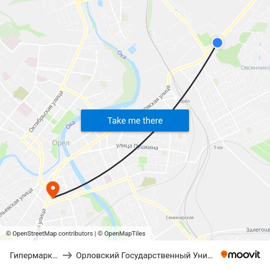 Гипермаркет «Лента» to Орловский Государственный Университет (Польский Корпус) map