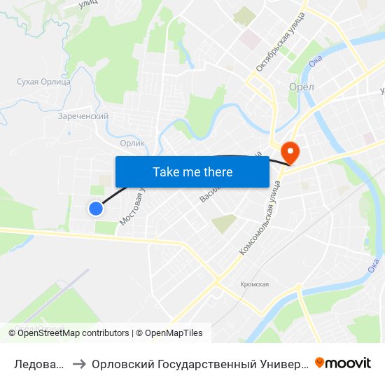 Ледовая Арена to Орловский Государственный Университет (Польский Корпус) map