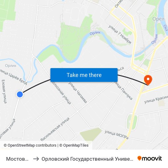 Мостовая Улица to Орловский Государственный Университет (Польский Корпус) map