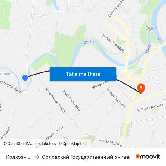 Колхозная Улица to Орловский Государственный Университет (Польский Корпус) map