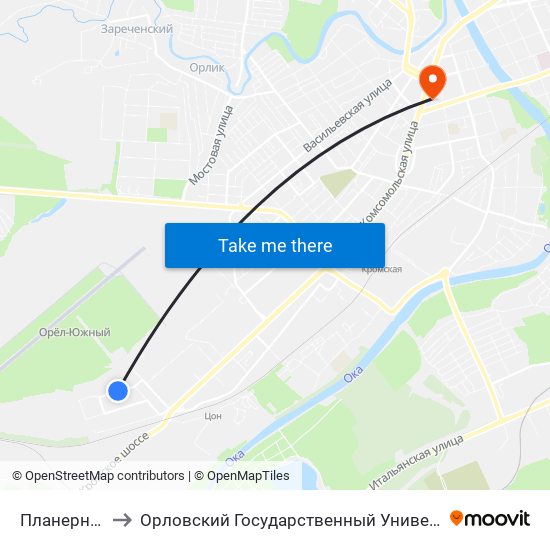 Планерная Улица to Орловский Государственный Университет (Польский Корпус) map