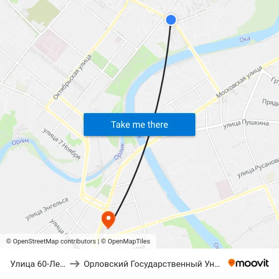 Улица 60-Летия Октября to Орловский Государственный Университет (Польский Корпус) map