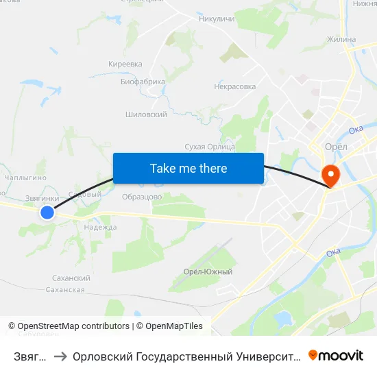 Звягинки to Орловский Государственный Университет (Польский Корпус) map