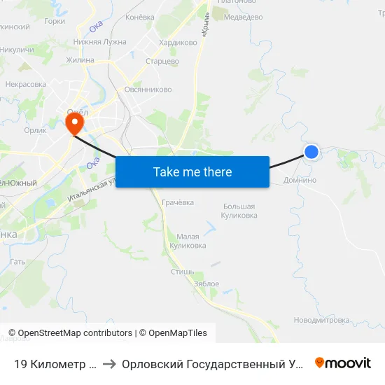 19 Километр (Кривая Лука) to Орловский Государственный Университет (Польский Корпус) map