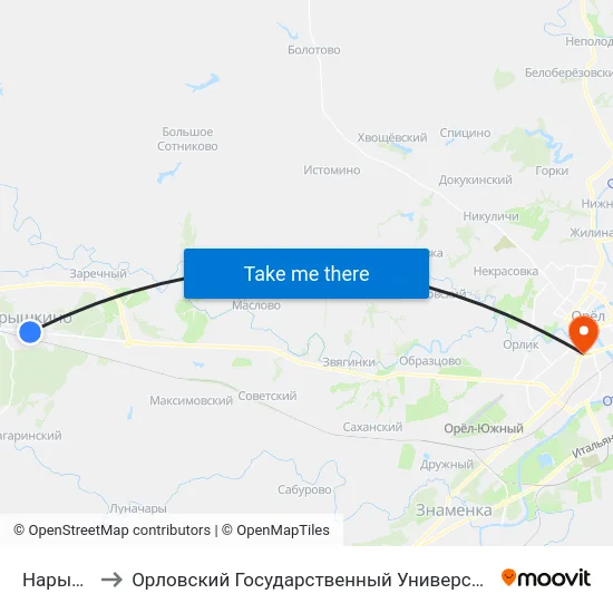 Нарышкино to Орловский Государственный Университет (Польский Корпус) map